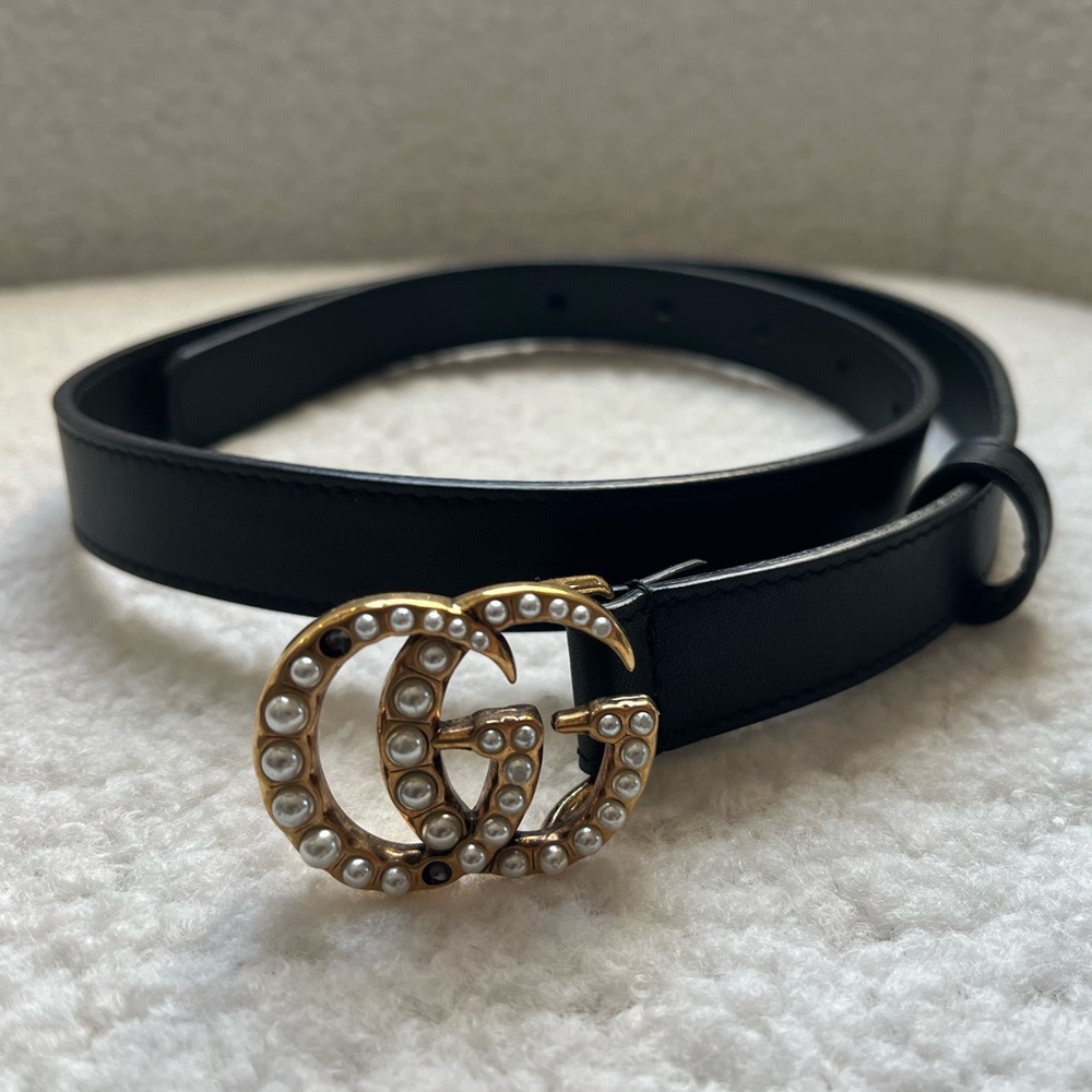 Authentic Women's Thin Gucci Belt With Pearl-Studded Buckle
